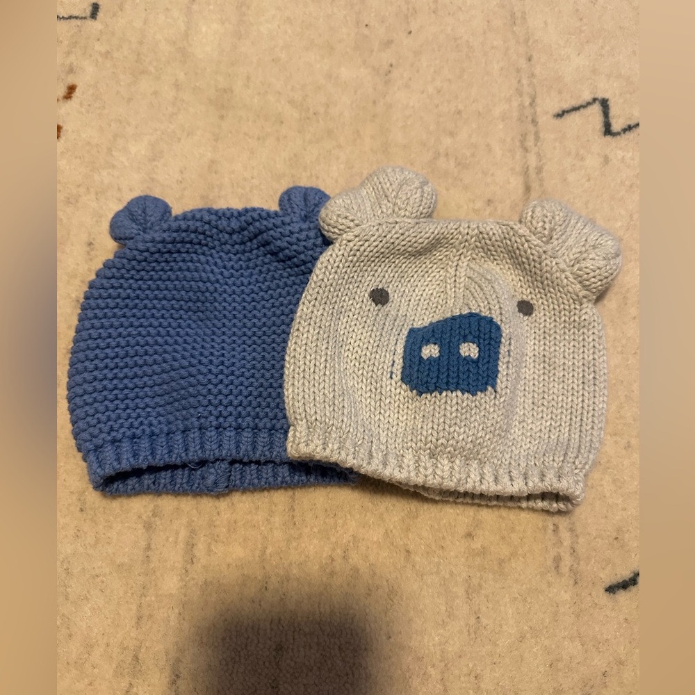BabyGap knit hats.  Gray pig 0-3 months & Blue hat with ears is 3-6 months.